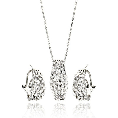 Sterling Silver Rhodium Plated Multi Row Clear CZ French Clip Earring and Necklace Set