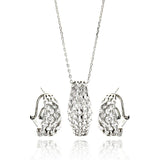 Sterling Silver Rhodium Plated Multi Row Clear CZ French Clip Earring and Necklace Set