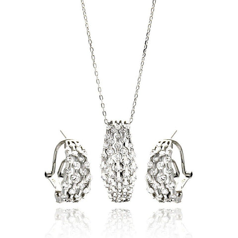 Sterling Silver Rhodium Plated Multi Row Clear CZ French Clip Earring and Necklace Set