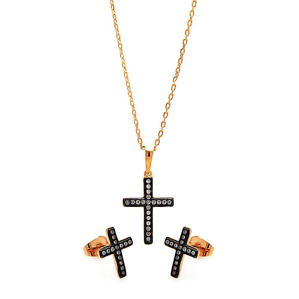 Sterling Silver Black Rhodium and Gold Plated Cross Clear CZ Stud Earring and Necklace Set