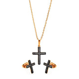 Sterling Silver Black Rhodium and Gold Plated Cross Clear CZ Stud Earring and Necklace Set