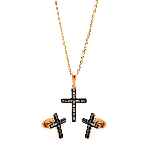 Sterling Silver Black Rhodium and Gold Plated Cross Clear CZ Stud Earring and Necklace Set