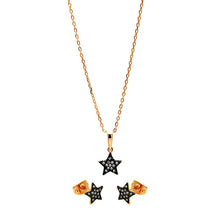 Load image into Gallery viewer, Sterling Silver Black Rhodium and Gold Plated Clear Mini Star CZ Stud Earring and Necklace Set
