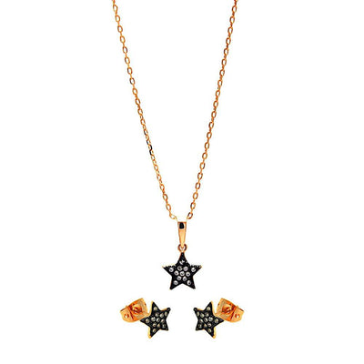 Sterling Silver Black Rhodium and Gold Plated Clear Mini Star CZ Stud Earring and Necklace Set