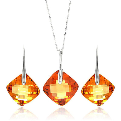 Sterling Silver Rhodium Plated Champagne Diamond Shaped Square CZ Hook Earring and Necklace Set