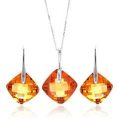 Sterling Silver Rhodium Plated Champagne Diamond Shaped Square CZ Hook Earring and Necklace Set