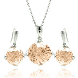 Sterling Silver Rhodium Plated Round Brown CZ Hook Earring and Necklace Set