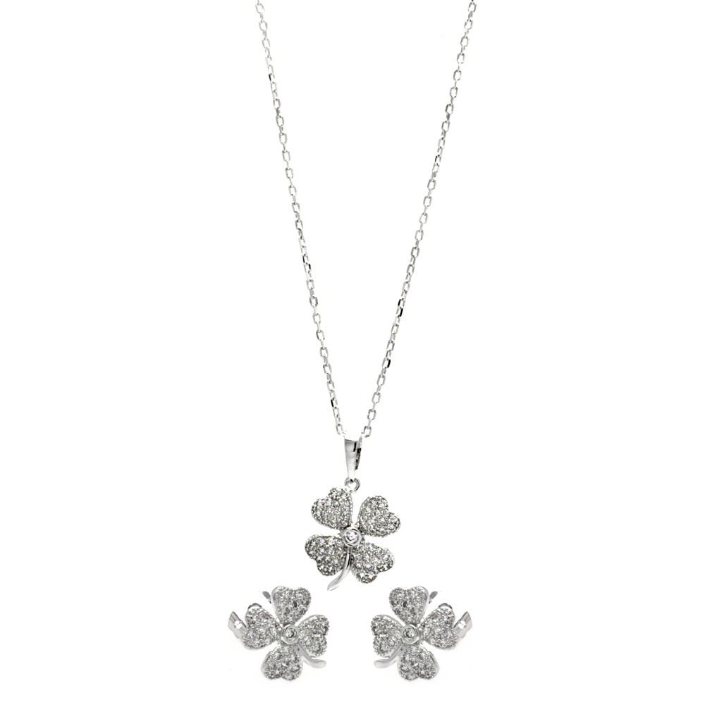 Sterling Silver Rhodium Plated Clear Mini Clover CZ Stud Earring and Necklace Set