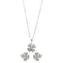 Load image into Gallery viewer, Sterling Silver Rhodium Plated Clear Mini Clover CZ Stud Earring and Necklace Set