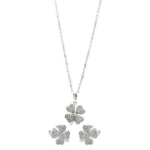 Sterling Silver Rhodium Plated Clear Mini Clover CZ Stud Earring and Necklace Set