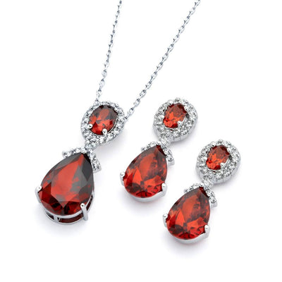 Sterling Silver Rhodium Plated Red and Clear Teardrop Oval CZ Dangling Stud Earring and Dangling Necklace Set