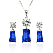 Load image into Gallery viewer, Sterling Silver Rhodium Plated Clear Round Blue Rectangular CZ Dangling Stud Earring and Dangling Necklace Set