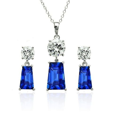 Sterling Silver Rhodium Plated Clear Round Blue Rectangular CZ Dangling Stud Earring and Dangling Necklace Set