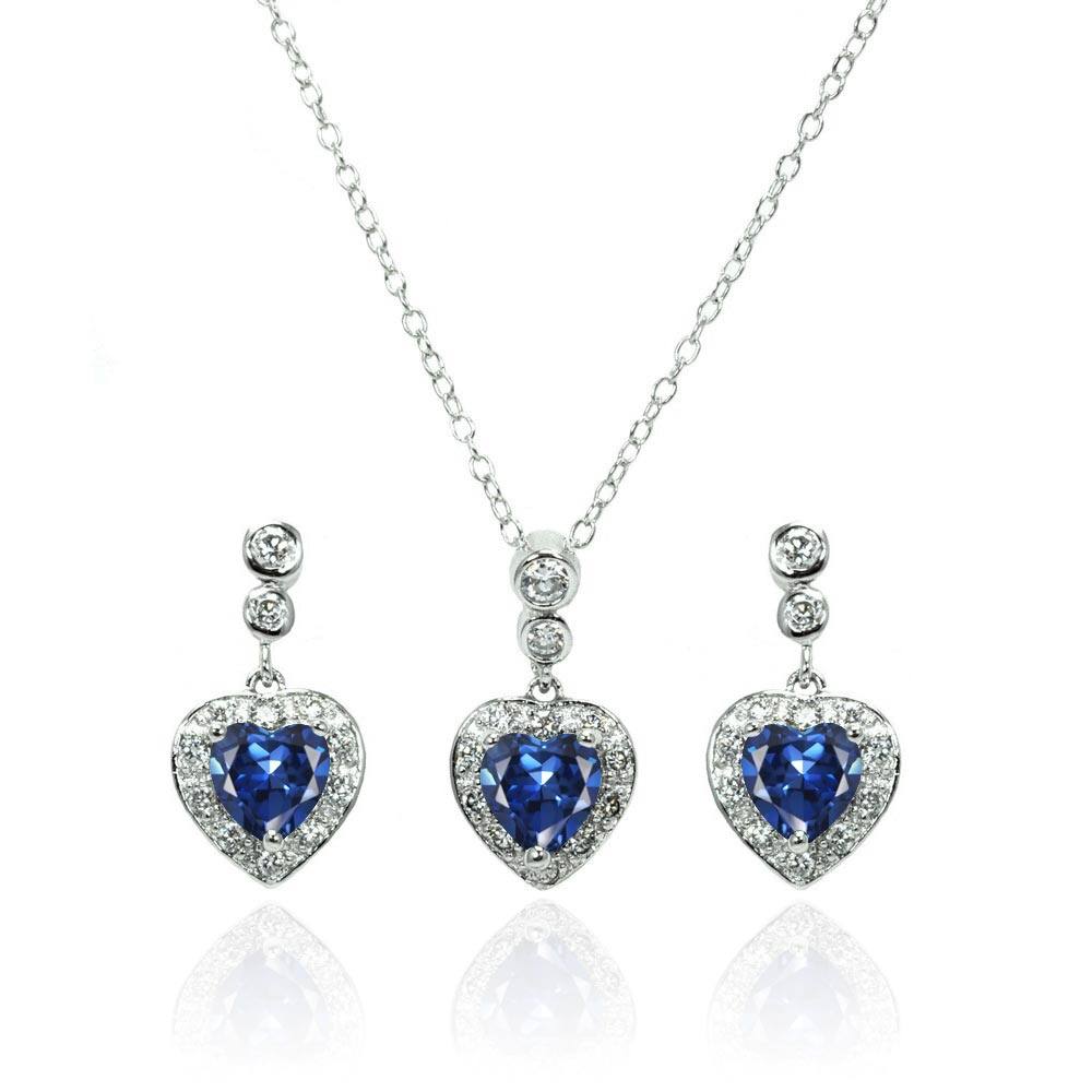 Sterling Silver Rhodium Plated Clear and Blue Heart CZ Dangling Stud Earring and Necklace Set