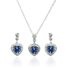 Load image into Gallery viewer, Sterling Silver Rhodium Plated Clear and Blue Heart CZ Dangling Stud Earring and Necklace Set