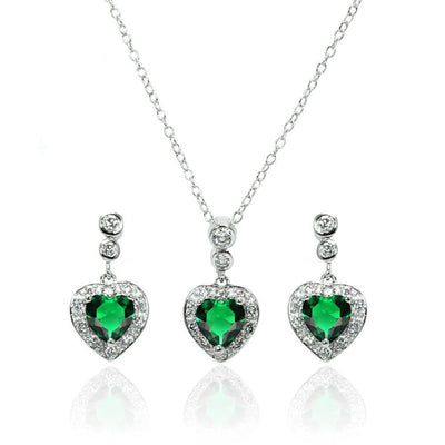 Sterling Silver Rhodium Plated Clear and Green Heart CZ Dangling Stud Earring and Necklace Set
