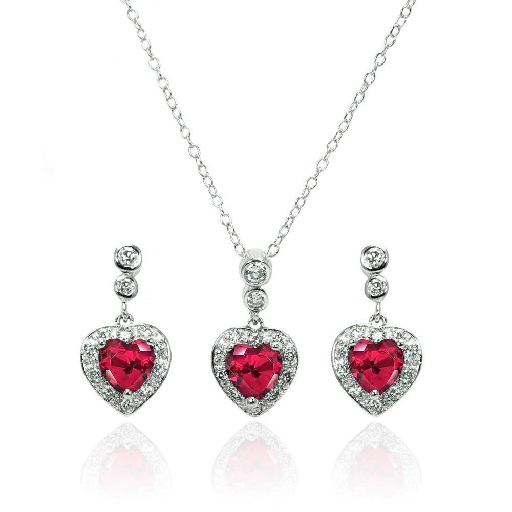 Sterling Silver Rhodium Plated Clear and Red Heart CZ Dangling Stud Earring and Necklace Set