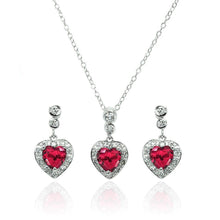 Load image into Gallery viewer, Sterling Silver Rhodium Plated Clear and Red Heart CZ Dangling Stud Earring and Necklace Set