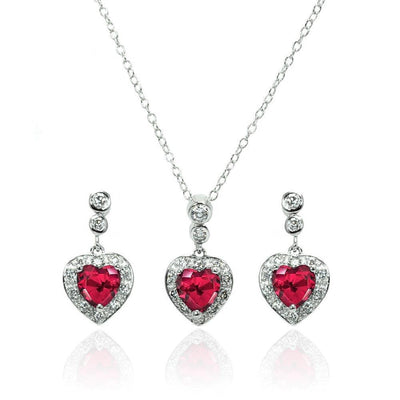 Sterling Silver Rhodium Plated Clear and Red Heart CZ Dangling Stud Earring and Necklace Set