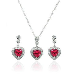 Sterling Silver Rhodium Plated Clear and Red Heart CZ Dangling Stud Earring and Necklace Set