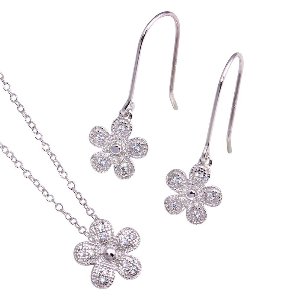 Sterling Silver Rhodium Plated Clear Pave Set Flower CZ Hook Earring and Necklace Set