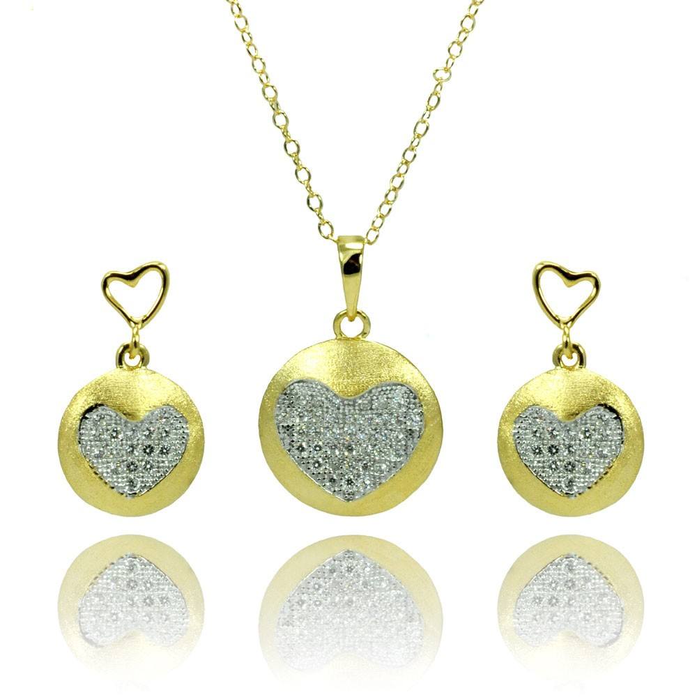 Sterling Silver Gold Plated Clear Heart Circle Disc CZ Stud Earring and Necklace Set