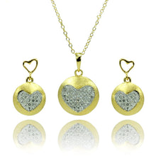 Load image into Gallery viewer, Sterling Silver Gold Plated Clear Heart Circle Disc CZ Stud Earring and Necklace Set