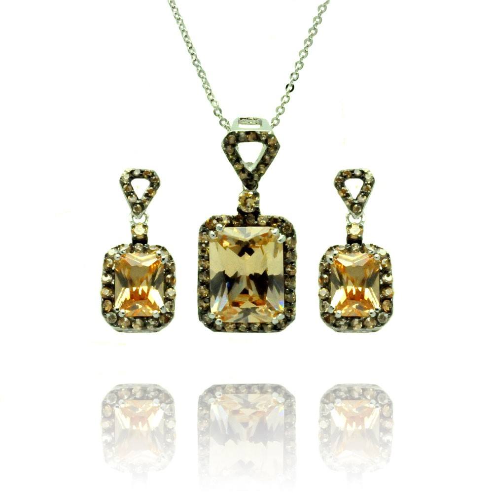 Sterling Silver Black Rhodium Plated Yellow Round and Rectangular CZ Dangling Stud Earring and Necklace Set