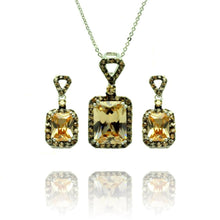 Load image into Gallery viewer, Sterling Silver Black Rhodium Plated Yellow Round and Rectangular CZ Dangling Stud Earring and Necklace Set