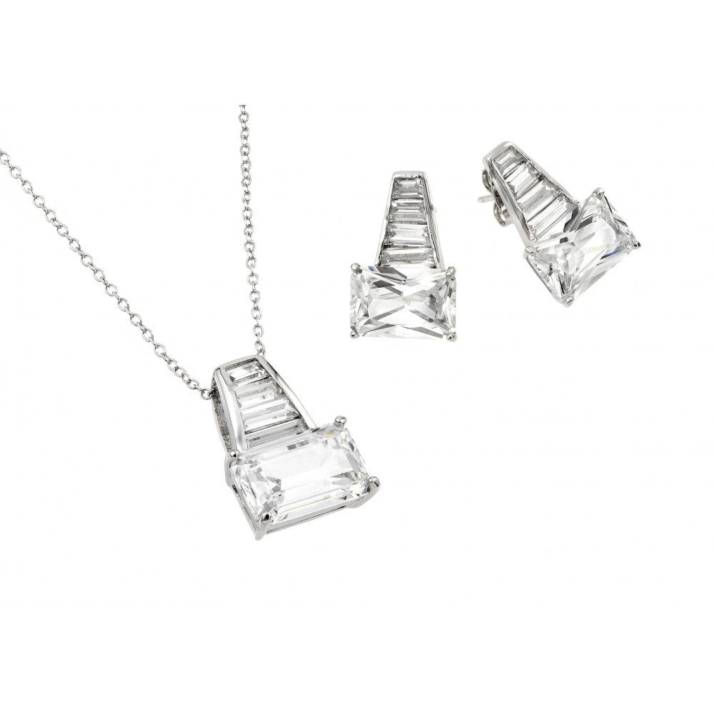 Sterling Silver Rhodium Plated Clear Baguette CZ Stud Earring and Necklace Set