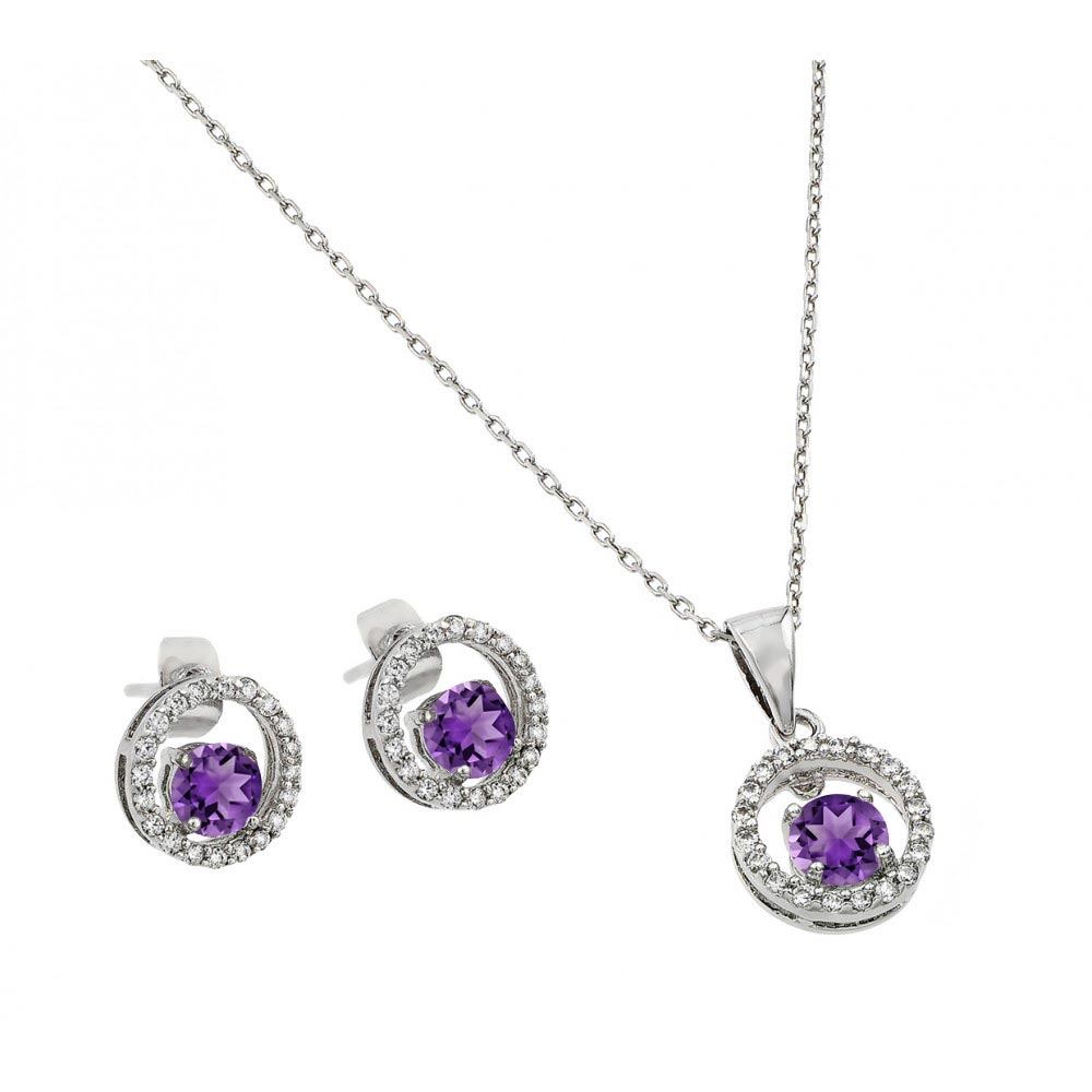 Sterling Silver Rhodium Plated Clear and Purple Round Open Circle CZ Stud Earring and Dangling Necklace Set