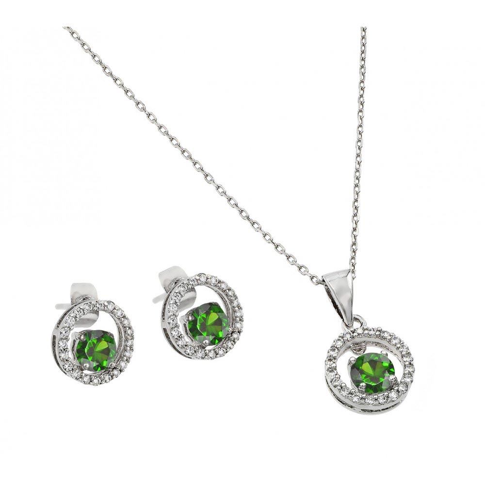 Sterling Silver Rhodium Plated Clear and Green Round Open Circle CZ Stud Earring and Dangling Necklace Set