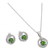 Load image into Gallery viewer, Sterling Silver Rhodium Plated Clear and Green Round Open Circle CZ Stud Earring and Dangling Necklace Set