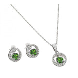 Sterling Silver Rhodium Plated Clear and Green Round Open Circle CZ Stud Earring and Dangling Necklace Set