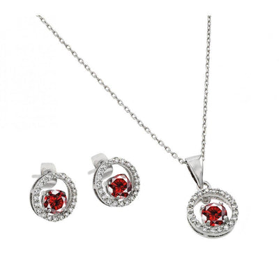 Sterling Silver Rhodium Plated Clear and Red Round Open Circle CZ Stud Earring and Dangling Necklace Set