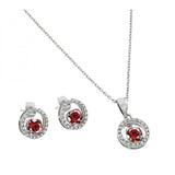 Sterling Silver Rhodium Plated Clear and Red Round Open Circle CZ Stud Earring and Dangling Necklace Set