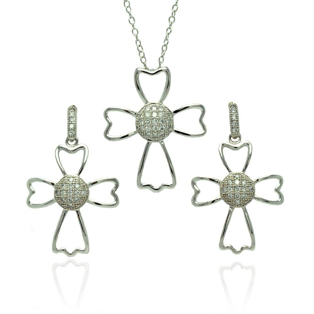 Sterling Silver Rhodium Plated Micro Pave Clear Cross Outline CZ Danlgling Stud Earring and Necklace Set