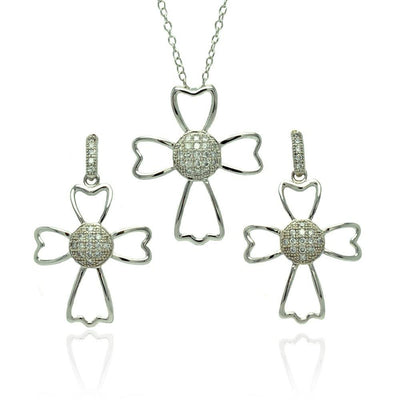 Sterling Silver Rhodium Plated Micro Pave Clear Cross Outline CZ Danlgling Stud Earring and Necklace Set