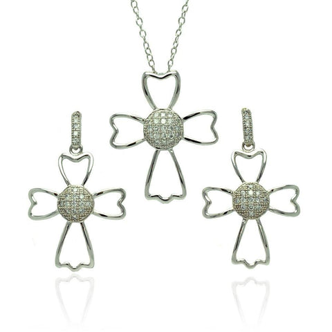 Sterling Silver Rhodium Plated Micro Pave Clear Cross Outline CZ Danlgling Stud Earring and Necklace Set