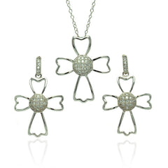Sterling Silver Rhodium Plated Micro Pave Clear Cross Outline CZ Danlgling Stud Earring and Necklace Set