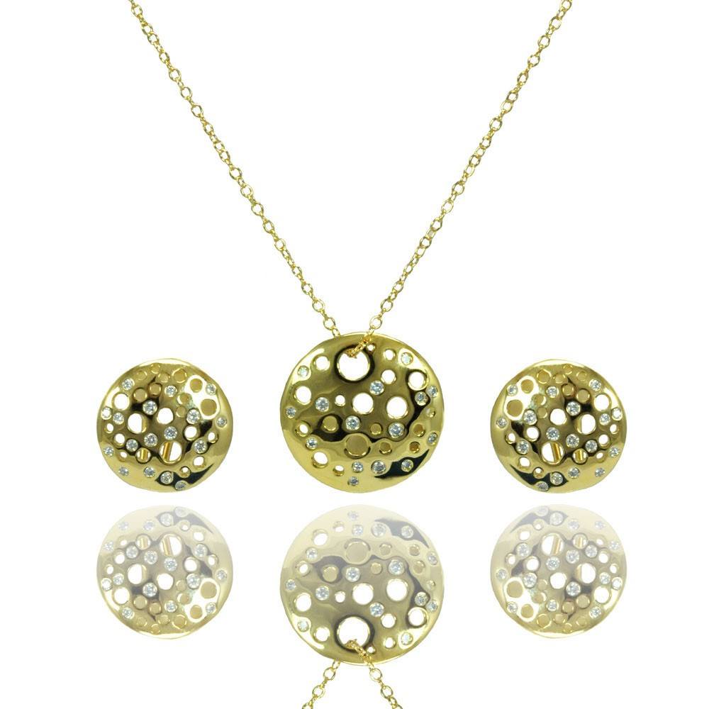 Sterling Silver Gold Plated Clear Round Disc CZ Stud Earring and Necklace Set