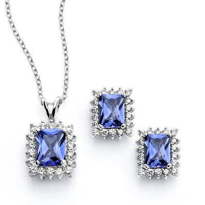 Sterling Silver Rhodium Plated Clear Cluster Blue Rectangle CZ Stud Earring and Necklace Set