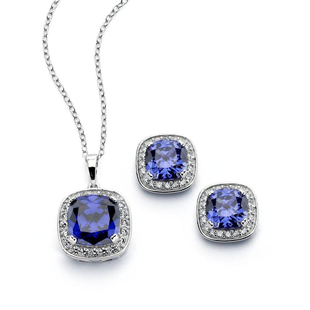 Sterling Silver Rhodium Plated Clear Cluster Blue Square CZ Stud Earring and Necklace Set