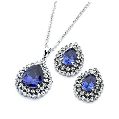 Sterling Silver Rhodium Plated Clear Cluster Blue Teardrop CZ Stud Earring and Necklace Set