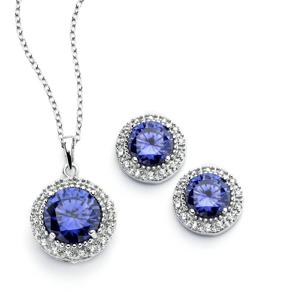 Sterling Silver Rhodium Plated Clear Cluster Blue Circle CZ Stud Earring and Necklace Set