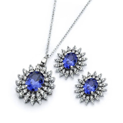 Sterling Silver Rhodium Plated Clear Cluster Blue Oval CZ Stud Earring and Necklace Set