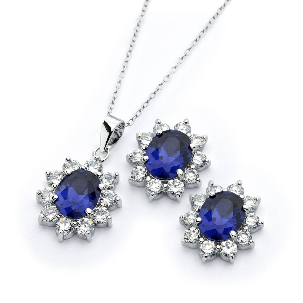 Sterling Silver Rhodium Plated Clear Cluster Blue Cluster Flower CZ Stud Earring and Necklace Set