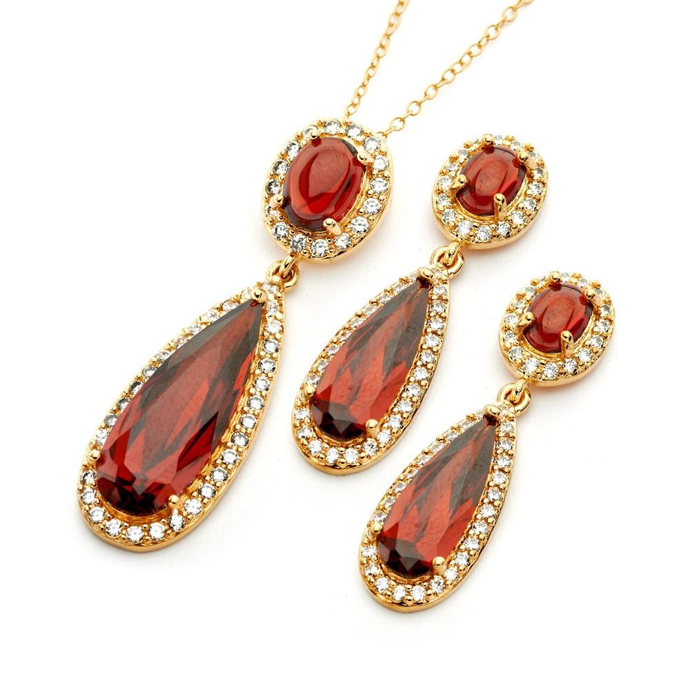 Sterling Silver Gold Plated Clear and Red Oval Slim Teardrop CZ Dangling Stud Earring and Dangling Necklace Set