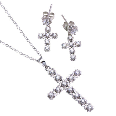 Sterling Silver Rhodium Plated Clear Cross CZ Stud Earring and Necklace Set