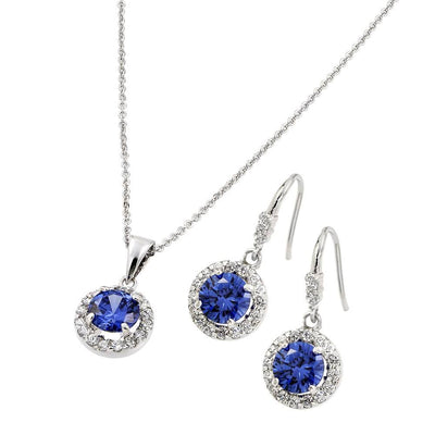 Sterling Silver Rhodium Plated Clear Cluster Blue Round CZ Hook Earring and Necklace Set